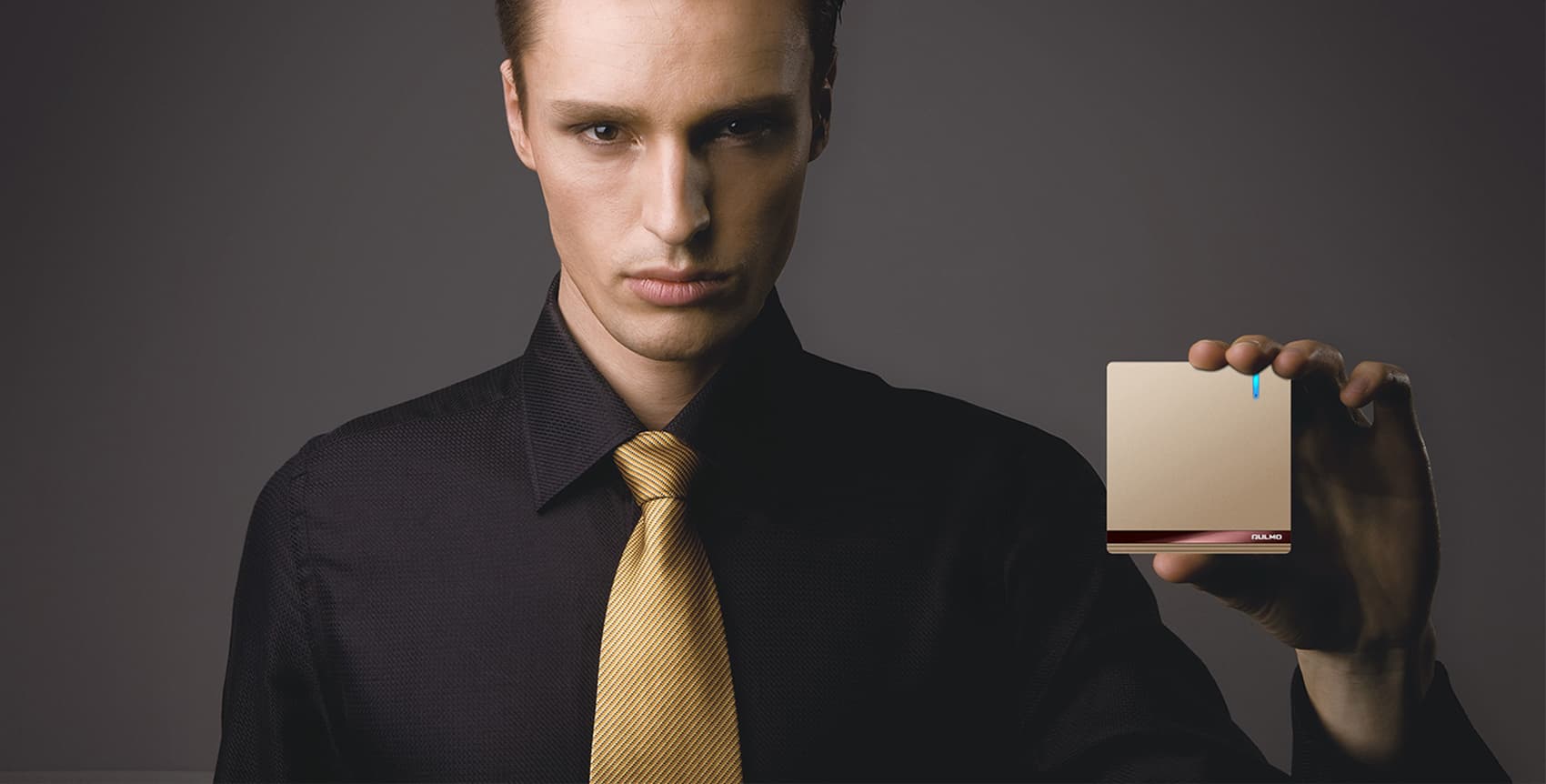 AULMO matte gold switch held in hand